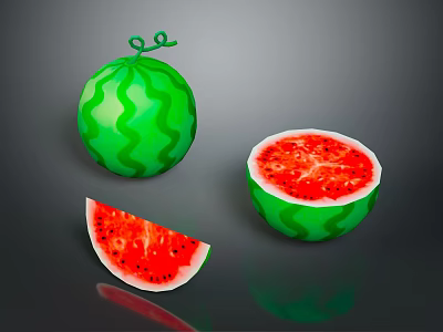 Fresh Whole Watermelon With Half Sliced Red Flesh And Green Rind Slice 3d model