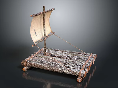 Traditional Handmade Wooden Boat With Natural Wood Planks And White Sail 3d model