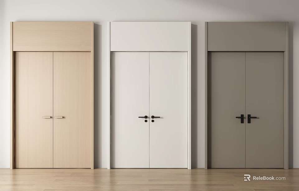 Modern Interior Hinged Double Doors In Light Wood White And Gray Colors 3d model 