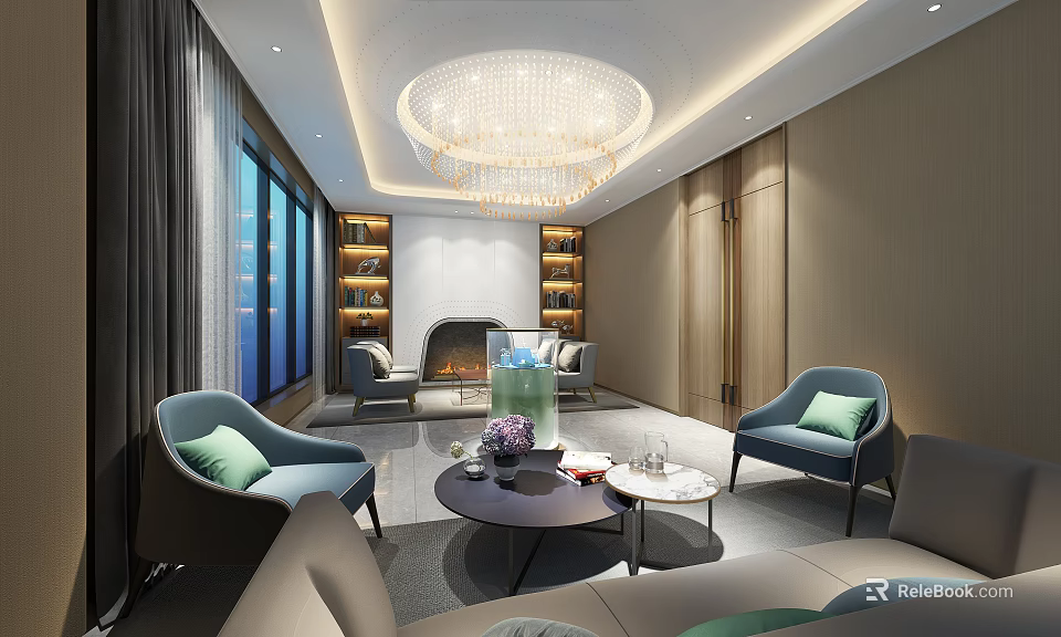 Modern Leisure Area With Blue Chairs Green Cushions Round Chandelier Bookshelves And Fireplace 3d model 