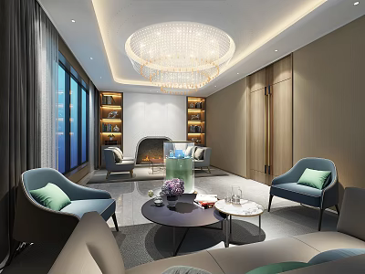 Modern Leisure Area With Blue Chairs Green Cushions Round Chandelier Bookshelves And Fireplace 3d model