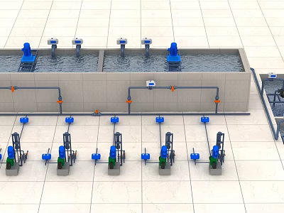 Industrial Water Treatment Equipment With Blue Pumps Pipes And Water Tanks Setup 3d model