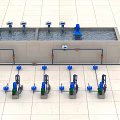 Industrial Water Treatment Equipment With Blue Pumps Pipes And Water Tanks Setup