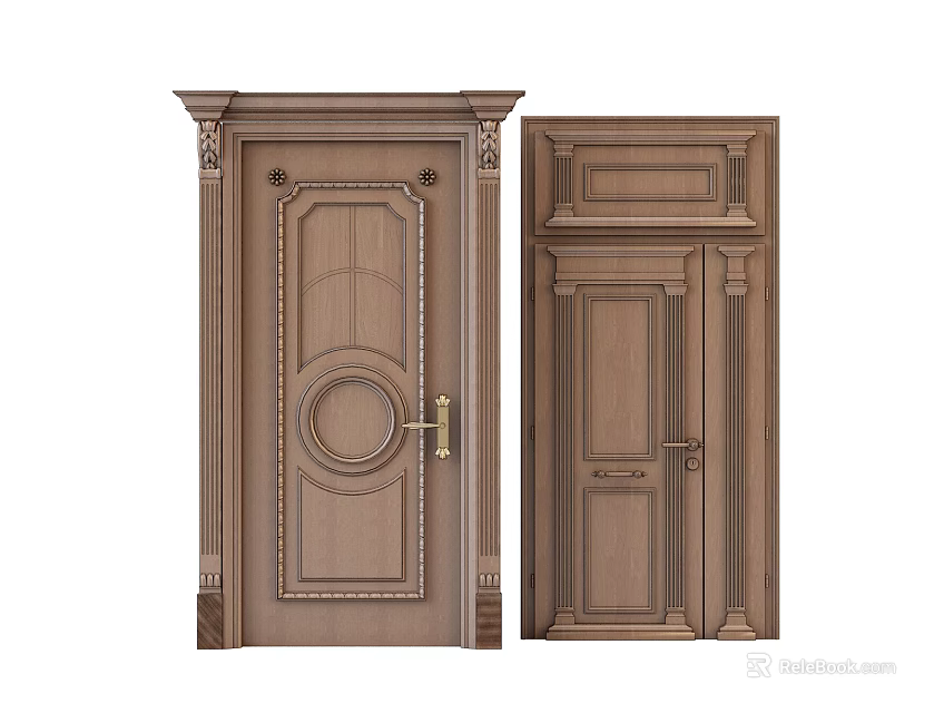 Solid Wood Swing Doors With Carved Patterns And Brown Decorative Frames 3d model