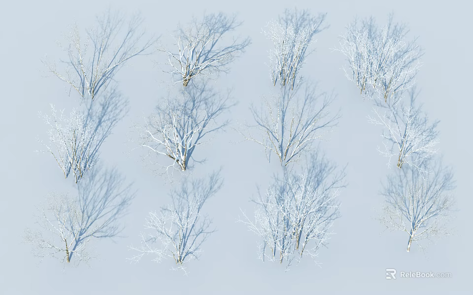 Snow Covered Leafless Trees With Light Blue Background In Grid Arrangement 3d model 