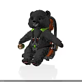 Black Bear Toy Sitting On Orange Seat With Green Harness And Lantern