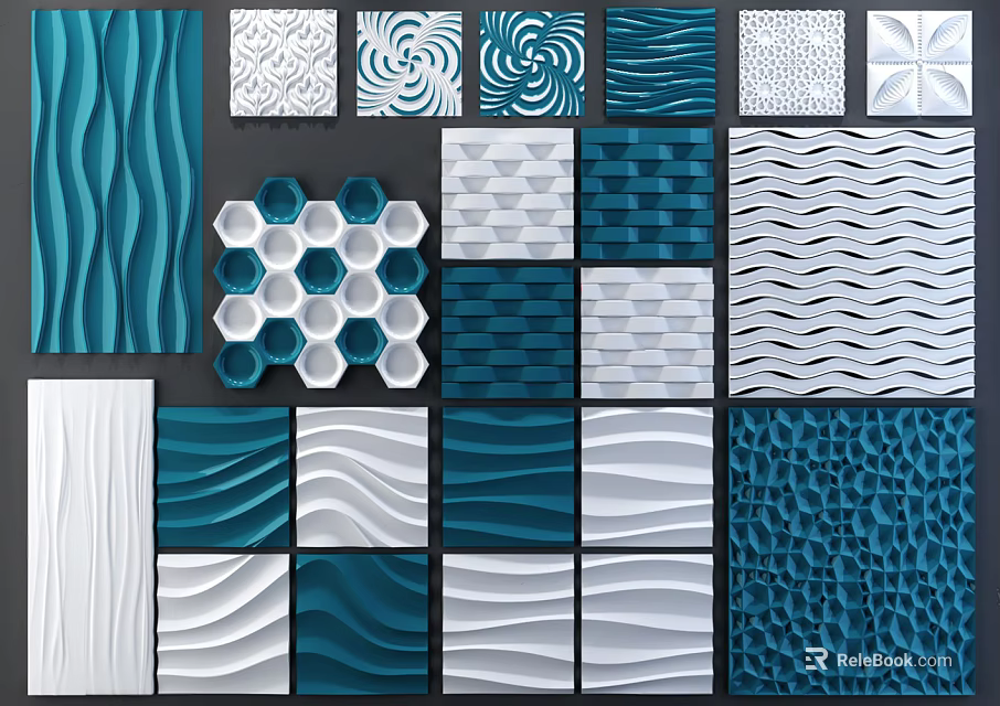 Modern Wall Decor With Various Textured Patterns In Blue And White Tiles 3d model 