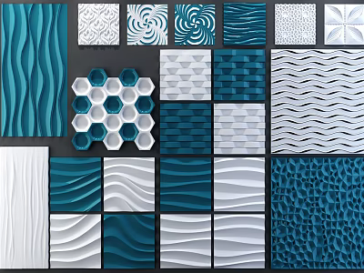Modern Wall Decor With Various Textured Patterns In Blue And White Tiles 3d model