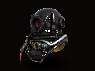 Mechanical Black Helmet with Number 12 Speed Text Red Details and Metal Tubes 3d model