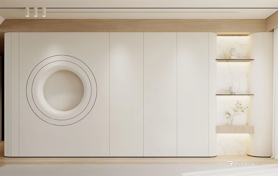 Modern Minimalist Sofa Background Wall With Circular Decor And Lit Shelves 3d model 