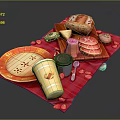 Delicious Food Platter With Bread Cheese Sliced Meat Donut Coffee Cup On Pink Cloth