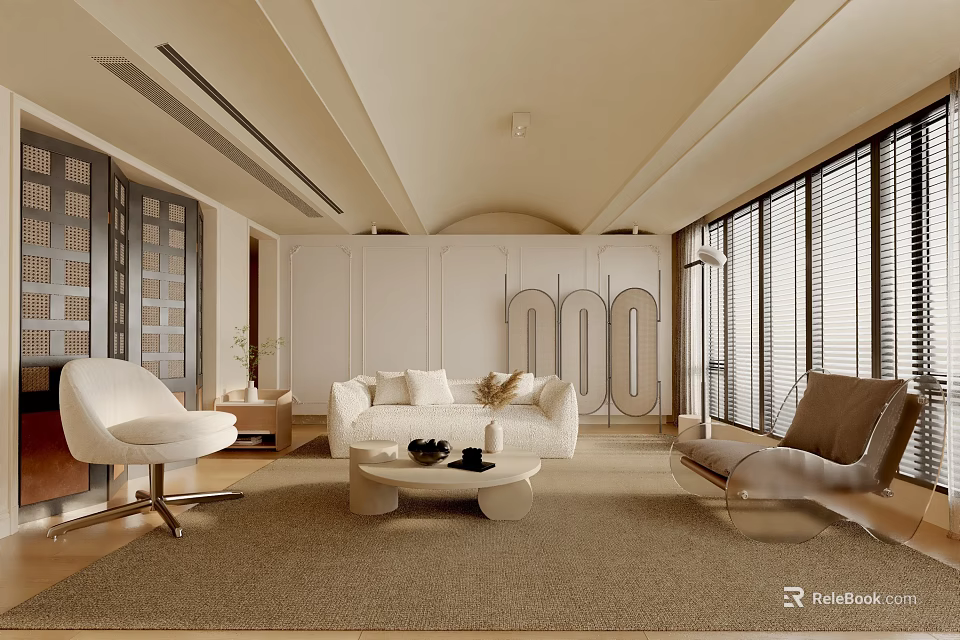 Modern Living Room Interior With White Sofa Round Coffee Table And Large Windows 3d model 