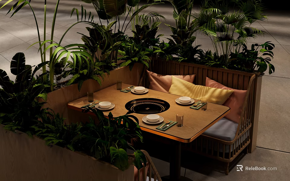 Table And Chair Set In Natural Garden With Greenery Cushions Round Center And Tableware 3d model 