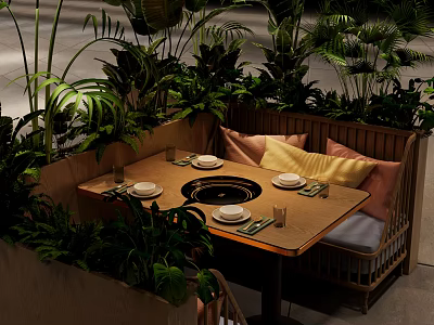 Table And Chair Set In Natural Garden With Greenery Cushions Round Center And Tableware 3d model