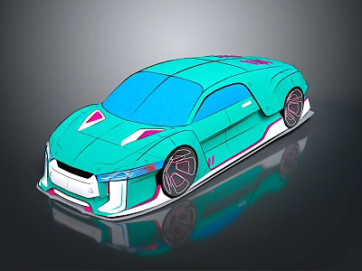 Turquoise Futuristic Car With Sleek Design And Unique Pink Accent Wheels 3d model