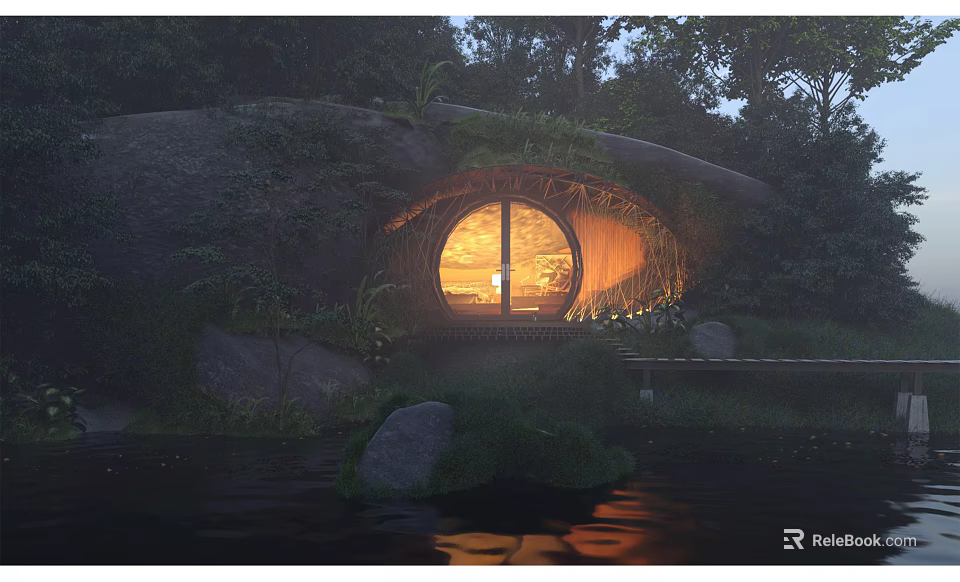 Natural Forest Villa With Stone Wood Structure Round Window And Warm Lighting Waterfront 3d model 