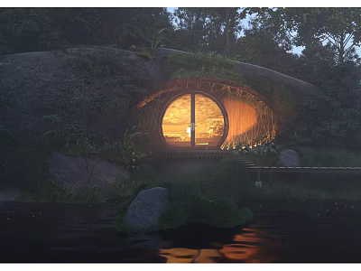 Natural Forest Villa With Stone Wood Structure Round Window And Warm Lighting Waterfront 3d model
