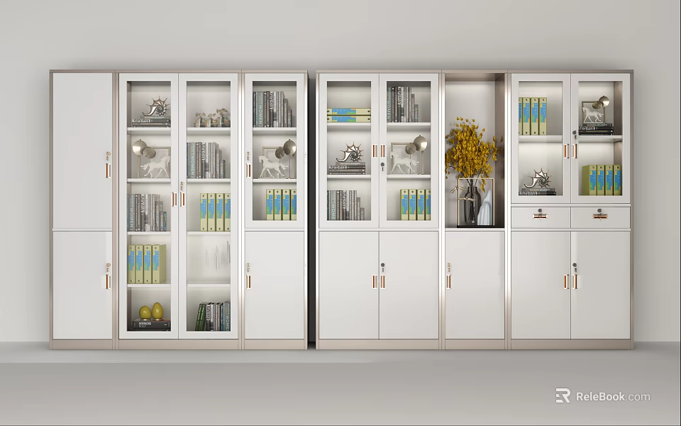 Modern Bookcase Interior With Glass Doors White Shelves Books Decor And Flower Vase 3d model 
