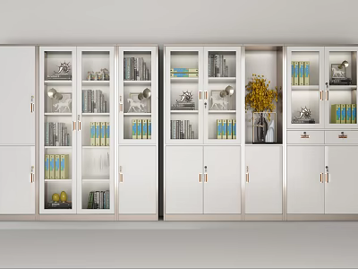 Modern Bookcase Interior With Glass Doors White Shelves Books Decor And Flower Vase 3d model