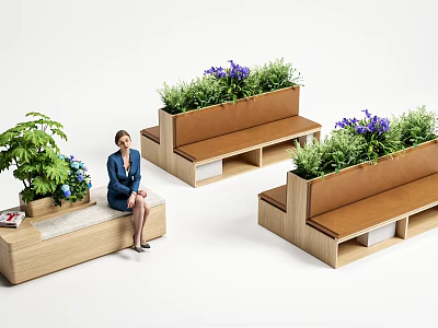 Modern Wooden Banquette Sofa With Leather Seats And Green Plants In Lounge Area 3d model