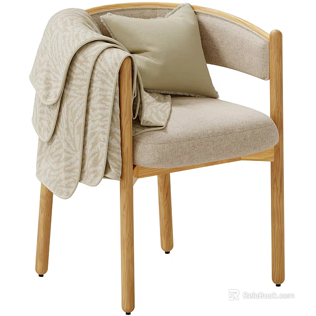 Modern Leisure Chair Natural Wooden Frame Soft Upholstered Cushion Beige Accent Pillow and Throw Blanket 3d model 