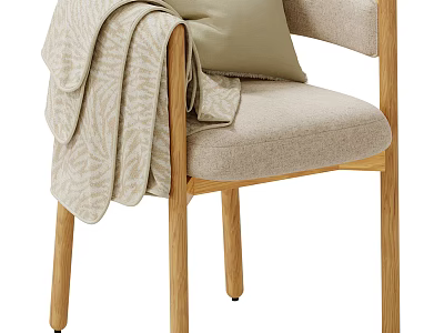 Modern Leisure Chair Natural Wooden Frame Soft Upholstered Cushion Beige Accent Pillow and Throw Blanket 3d model