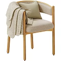 Modern Leisure Chair Natural Wooden Frame Soft Upholstered Cushion Beige Accent Pillow and Throw Blanket