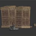 Modern Rustic Bamboo Structures With Thatched Roofs Stone Slab And Wooden Bucket