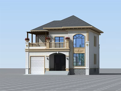 Elegant Two Story Detached Villa with Dark Roof Balcony Arched Window and Garage Door 3d model