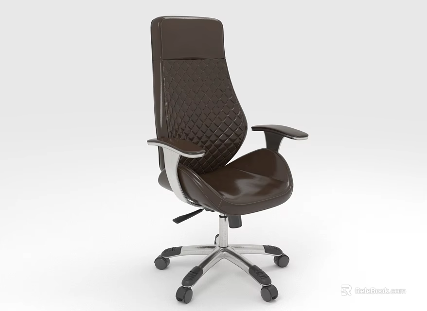Brown Leather Office Chair With Quilted Backrest Silver Armrests And Five Star Base 3d model 