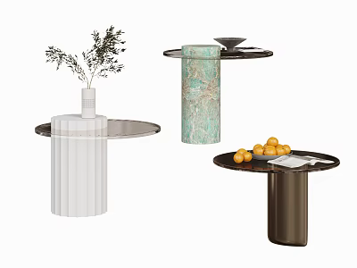 Contemporary Side Tables In White Green Marble And Brown With Decorative Vases Fruits And Books 3d model