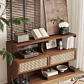 Wooden Entryway Cabinet Sideboard with Woven Rattan Drawers Open Books Radio and Flower Vase Decor