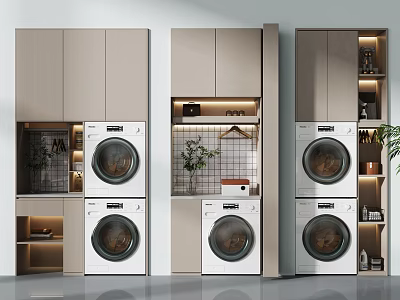 Modern Bathroom Cabinet Rack Design With Washer Dryer And Storage Shelves 3d model