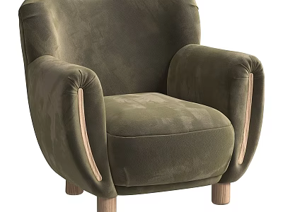 Olive Green Single Sofa with Velvet Fabric Wooden Armrests and Wooden Legs Modern Elegant Design 3d model