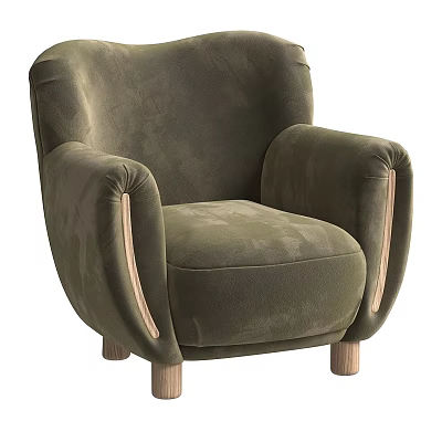 Olive Green Single Sofa with Velvet Fabric Wooden Armrests and Wooden Legs Modern Elegant Design 3d model