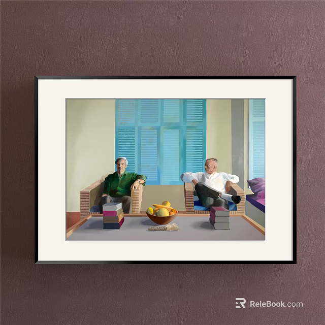 Portrait Painting of Two People Sitting on Chairs with Blue Shutters Fruit Basket and Books 3d model 