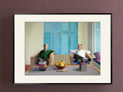Portrait Painting of Two People Sitting on Chairs with Blue Shutters Fruit Basket and Books 3d model