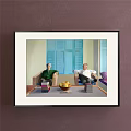 Portrait Painting of Two People Sitting on Chairs with Blue Shutters Fruit Basket and Books