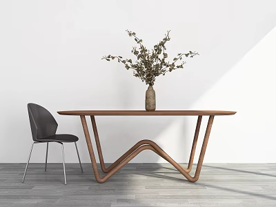 Modern Wooden Dining Table with Black Chair and Vase of Green Plants in Minimalist Room 3d model