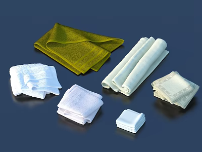 Green and White Towels in Various Folded and Rolled Styles for Bathroom Use 3d model