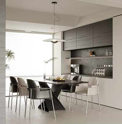 Modern Restaurant Interior With Dining Table Chairs Cabinets Pendant Light Window Blinds And Plants 3d model