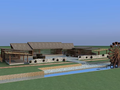 Ancient Traditional Architecture With Tile Roof Waterwheel And Stone Water Channel 3d model
