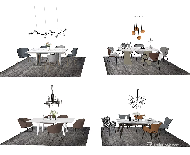 Modern Dining Table Set with Stylish Chairs Pendant Lights and Table Decor 3d model