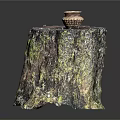 Wooden Tree Stump Decor Piece Featuring Natural Mossy Texture And Small Woven Basket