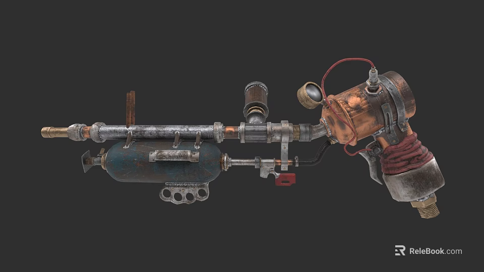 Steampunk Weapon With Rusted Metal Structure Mechanical Pipes And Pressure Gauge 3d model 