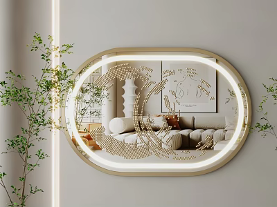 Oval Lighted Mirror With Gold Frame Reflecting Living Room Sofa And Green Plants 3d model