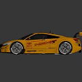 Yellow Modified Race Car With Black Stripes Rear Spoiler And Decals