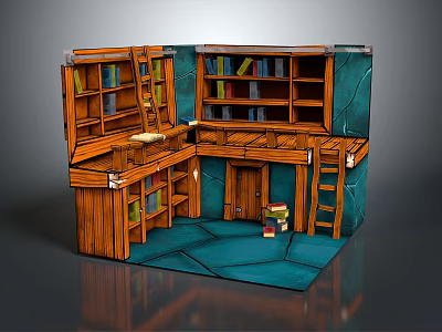 Vintage Indoor Corner Interior With Wooden Bookshelves Books Ladder And Blue Carpet 3d model