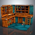 Vintage Indoor Corner Interior With Wooden Bookshelves Books Ladder And Blue Carpet