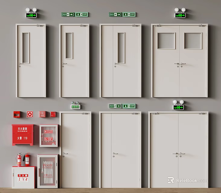 Fire Safety Doors And Emergency Equipment With Red Fire Extinguishers 3d model 